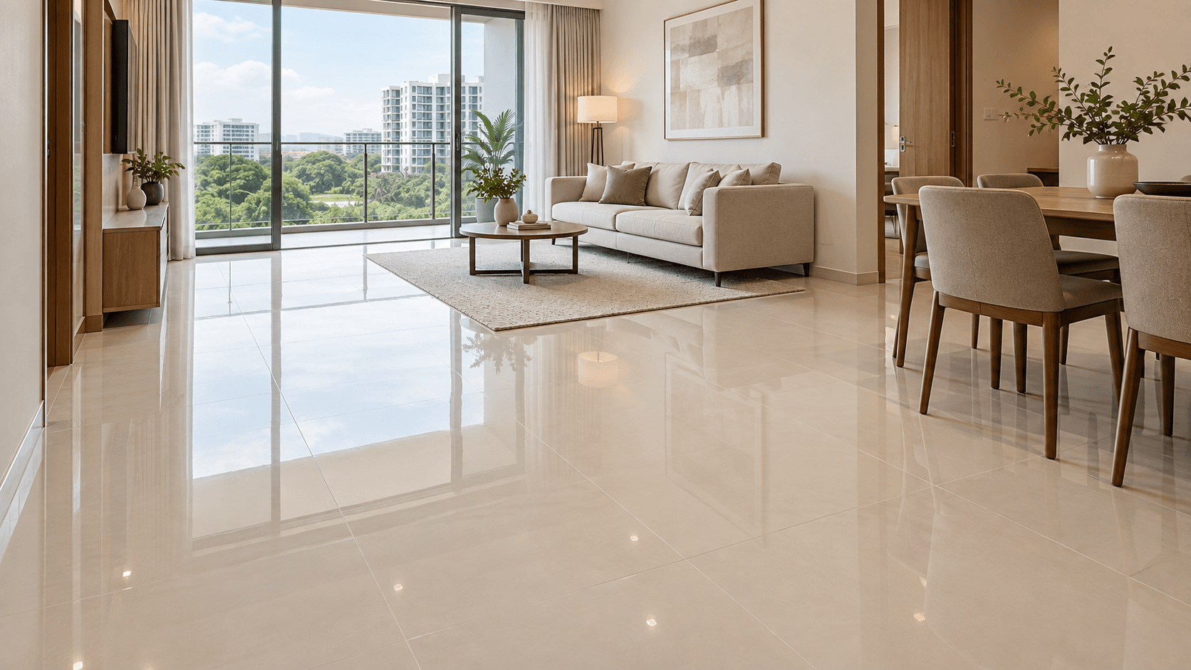 Illustrative polished tile floor in a modern Tampines condominium interior